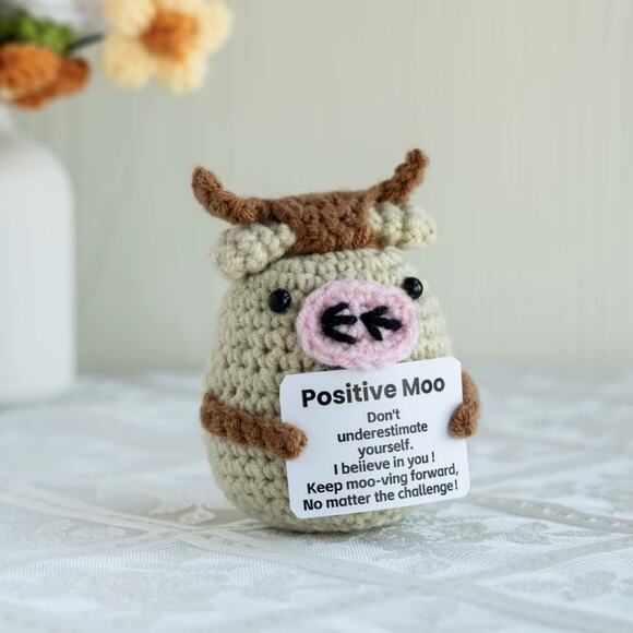 Handmade Yarn Crochet Cow Plush | Positive Moo | Motivational Message Gift - Picture 5 of 8